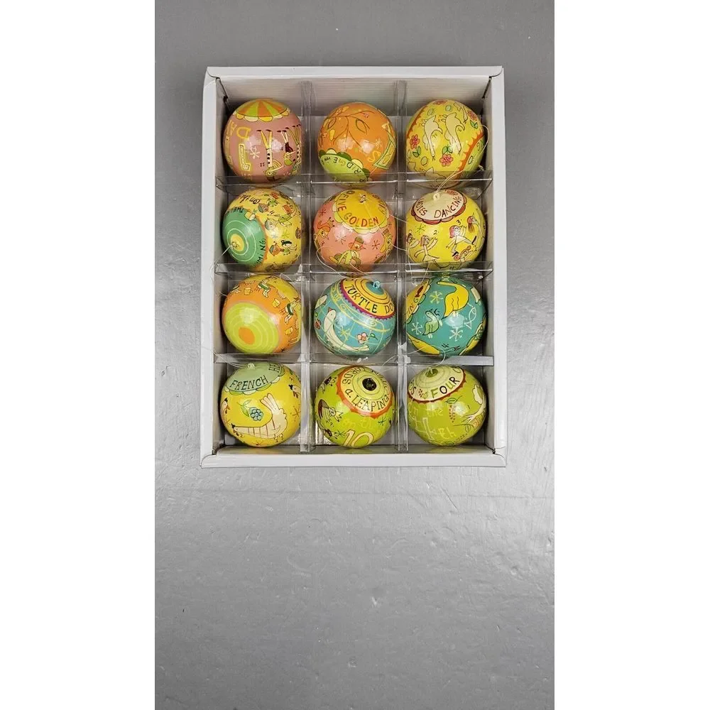 Vintage The‎ Twelve Days Of Christmas Ornaments 12 Decoupage Balls Complete
